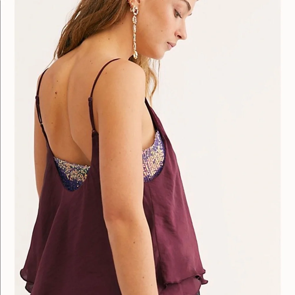 Free People Turn It On Cami Plum Satin Layered Sequin Tank Top Size S